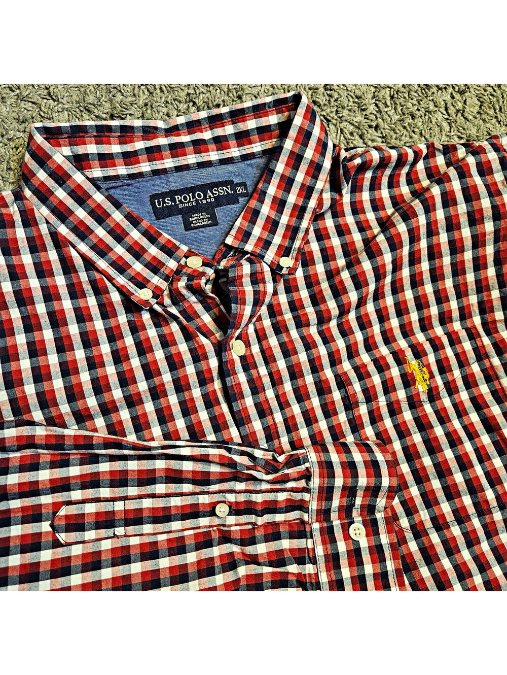 U.S. Polo Assn. Men's 2XL Red White Blue Check Long Sleeve Button-Down Shirt